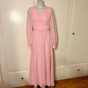 Vintage 70s Pink Chiffon Sheer Bishop Long Sleeve Formal Maxi Gown